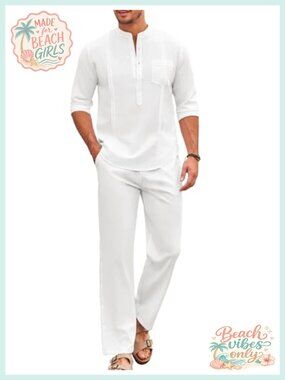 Men's 2-Piece Cotton Set: Henley Shirt & Loose Pants Summer Vacation Outfit